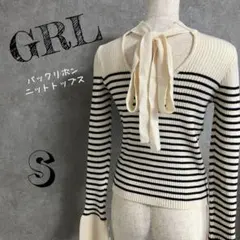 新品未使用　GRL　グレイル　ニットトップス　ボーダー　リボン　ハイネック　白