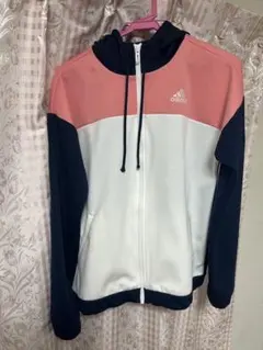 adidas フード付きジャージ ピンク/ホワイト/ネイビー　ランニングウェア