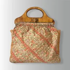 木製ハンドル ハンドバッグ 花柄 キルティング レース レトロ 古着