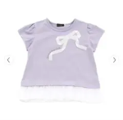 BeBe裾チュールフリルリボンプリント天竺半袖Tシャツ 120サイズ