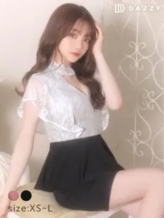 デコルテホールレーストップペプラムタイトミニドレス　グレー×ブラック