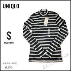 【新品未使用】UNIQLO◆リブボーダーハイネックT 長袖◆ネイビー《S》