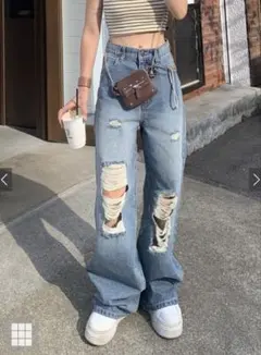 ダメージ加工 ワイドレッグ デニム【cu526】