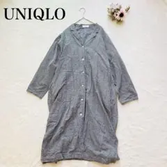 【ユニクロ】リネンシャツワンピース（M）麻混 ギンガムチェック 開襟 ロング