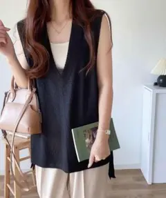 《JaVaジャバ コラボ》1枚であか抜け。サイドリボン深Vネックベスト