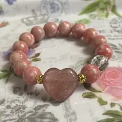 限定1本 ストロベリークォーツのハート×苺みるく デザインブレスレット