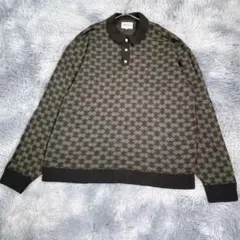 EMMA CLOTHES【L】ニットポロシャツ　ダークオリーブ　幾何学柄　春秋