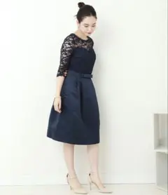 上品ネイビーレースワンピース Aライン 結婚式 お呼ばれ ドレス 半袖