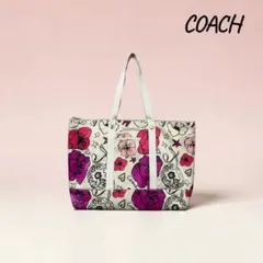 『訳あり』COACH コーチ花柄 トートバッグポピー ピンクナイロンA4可肩掛け