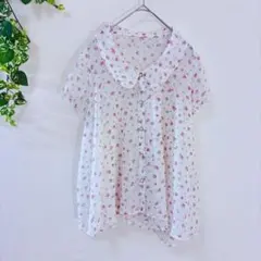 花柄シフォン半袖ブラウス シアーブラウス 丸襟 くすみピンク M