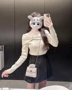 リボンビジューオフショルダーリブニットトップス[pm830]