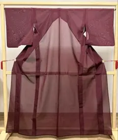 A 夏物 色無地 草花の地模様 赤色 絽 紗 薄物 正絹 小紋 着物 K248 