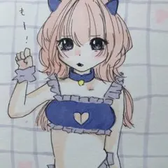 猫耳 手描きイラスト 女の子 アナログイラスト オリジナルイラスト