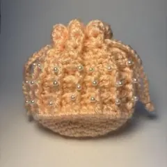 パール付きワッフル編み巾着　ハンドメイド　ピンク　パール　巾着　編み物