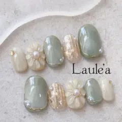 現品　ニュアンスネイル　ぷっくりフラワー　花　モスグリーン　マグネット　大人