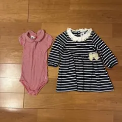 プチバトー　赤白ストライプボディスーツとワンピースセット