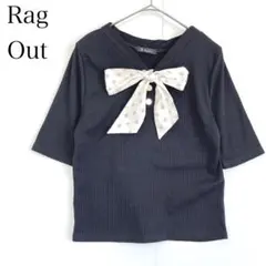 ボウタイカットソー Tシャツ リボン リブ ブラック オフィス カジュアル M