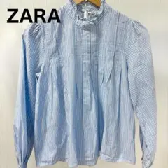 ZARA 長袖 ブラウス ブルー ストライプ ハイネック フリル Sサイズのサムネイル