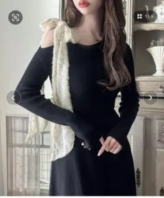 オフショルダーリボン付きニットワンピース　Meiru