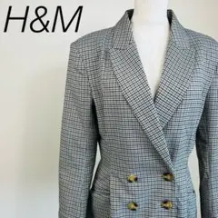 【美品】エイチ&エム テーラードジャケット ダブル 長袖 チェック グレー 紺