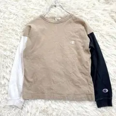 y8505 チャンピオン ロンT 長袖 キッズ130 ベージュ 黒 ロゴ刺繍