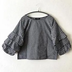 美品 ギンガムチェック フリルショルダーブラウス M ネイビー
