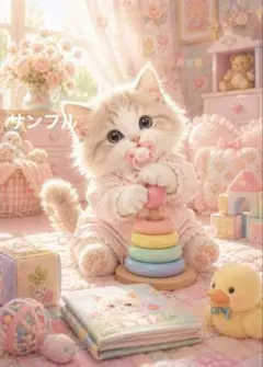子猫とテディベアとの思い出 デジタルアート 水彩画風 癒しA4