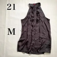 21 【M/M】黒系 ノースリーブ ホルターネック フリル装飾 サテン調ブラウス