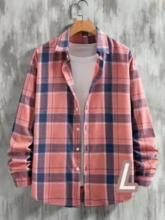 【長袖シャツ】新品・Lサイズ《ピンク×ブルー系チェック》ゆったりフィット