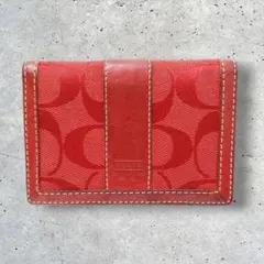 中古【 COACH 】 コーチ パスケース 定期入れ シグネチャー柄 レッド