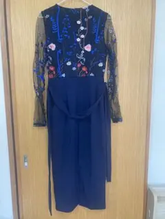 SHEIN 花柄刺繍 シースルー袖 タイトドレス ネイビー　オケージョンドレス
