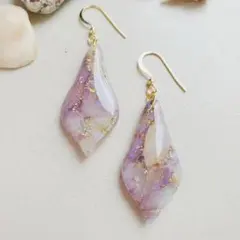 ハンドメイド マーブル ピアス パープル ゴールド ティアドロップ