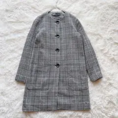 ZARA ザラ　コート　ノーカラー　ツイード　千鳥格子　XS 白／黒／緑　綿混