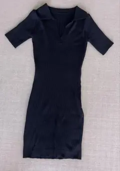リブ編みポロ襟黒半袖ワンピース　S