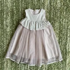 ワンピース 80 入園式　結婚式　フォーマル　チェック　チュール　ベージュ