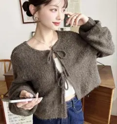 前後2WAYブークレニットリボンカーディガン