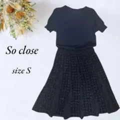美品So close 半袖フレアワンピース S ネイビー 丸首 No.1565