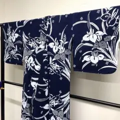 浴衣　菖蒲　菖　鹿の子　ネイビーカラー　手縫い　着物　022tz