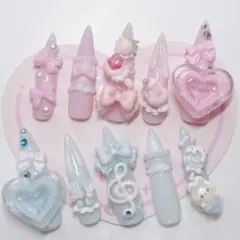 ネイルチップ 現品 量産型 ピンク 水色 ロング 平成女児 地雷 ゴテゴテ