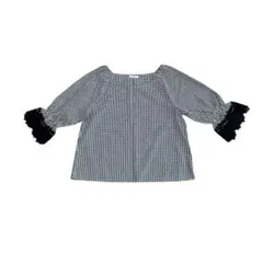 ギンガムチェック 七分袖 ブラウス レース フリル袖 体系カバー M ハニーズ