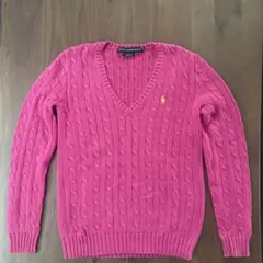 美品 ラルフローレン ケーブルニット セーター Vネック ピンク M相当 刺繍のサムネイル