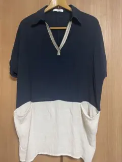 grove 半袖 ブラウス ネイビー×ホワイト Mサイズのサムネイル