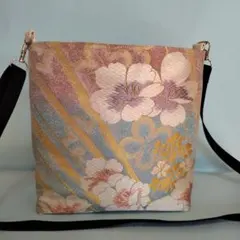帯リメイク　ショルダーバック　花　金糸　箔