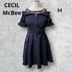 CECIL McBEE ベルト付き オフショル風 レース フレアワンピース M