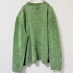 緑色 ケーブル編み ニットセーター 長袖