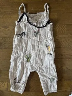 動物刺繍付きストライプオーバーオール