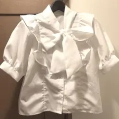 NICE CLAP 半袖フリルボウタイブラウス オフホワイト