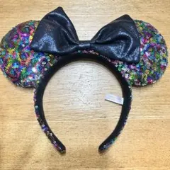 ディズニー　カチューシャ　黒リボン　スパンコール　カラフル　レインボー