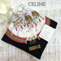 セリーヌ CELINE 馬蹄柄 シルク スカーフ チェーン 絹 ブラック 黒