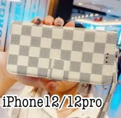 iPhone12/12pro チェック柄手帳型ケース ホワイト